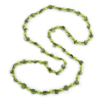 Lime/ Green Glass and Shell Bead Long Necklace - 106cm Long - main view