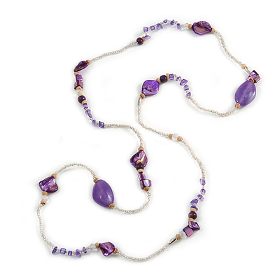 Long Purple/ Transparent Shell, Acrylic, Wood Bead Necklace - 116cm L - main view