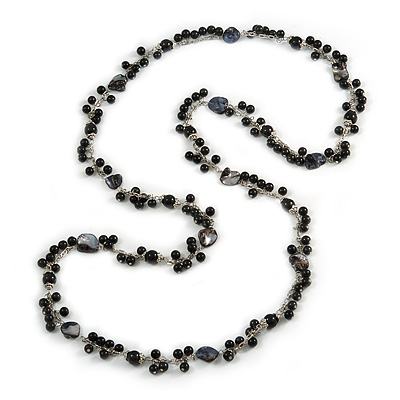 Long Black Glass Bead, Sea Shell with Silver Tone Chain Necklace - 140cm L - main view