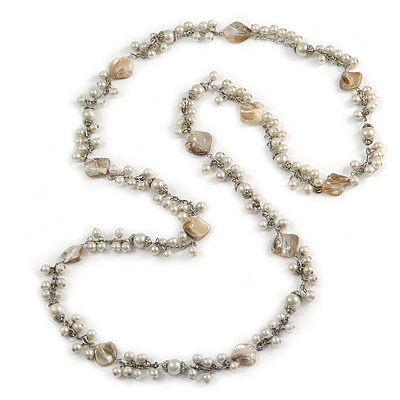 Long Cream Glass Bead, Antique White Sea Shell with Silver Tone Chain Necklace - 140cm L - main view