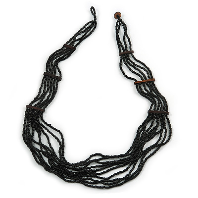 Multistrand Layered Black Glass Bead Necklace - 66cm L