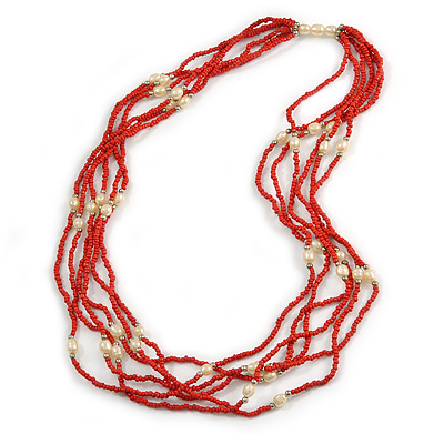 Multistrand Red Glass Bead Cream Faux Pearl Long Necklace - 70cm L - main view