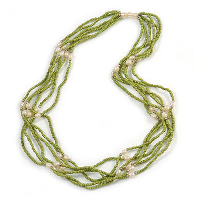 Multistrand Lime Green Glass Bead Cream Faux Pearl Long Necklace - 70cm L - main view