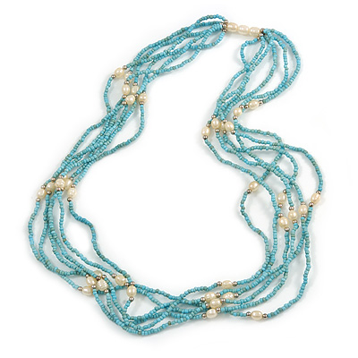 Multistrand Dusty Light Blue Glass Bead Cream Faux Pearl Long Necklace - 70cm L - main view