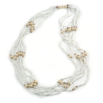 Multistrand Snow White Glass Bead Cream Faux Pearl Long Necklace - 70cm L - main view