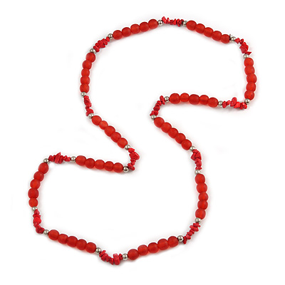 Red Resin Bead, Semiprecious Stone Long Necklace - 86cm L - main view