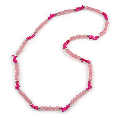 Pale Pink Resin Bead, Deep Pink Semiprecious Stone Long Necklace - 86cm L - main view