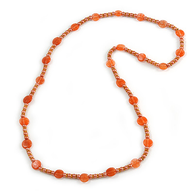 Stylish Orange/ Peach Ceramic/Glass Bead with Gold Tone Metal Rings Long Necklace - 90cm L - main view