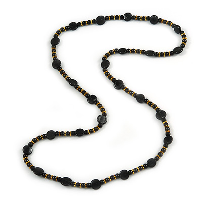Stylish Black Ceramic, Glass Bead with Gold Tone Metal Rings Long Necklace - 90cm L - main view