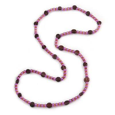 Stylish Purple/ Pink Ceramic/Glass Bead with Gold Tone Metal Rings Long Necklace - 90cm L - main view