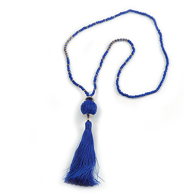 Blue Glass Bead Cotton Tassel Necklace - 72cm L/ 14cm Tassel - main view