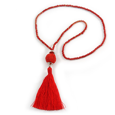 Red Glass Bead Cotton Tassel Necklace - 72cm L/ 14cm Tassel - main view