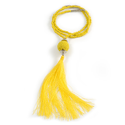 Sunny Yellow Glass Bead Cotton Tassel Necklace - 72cm L/ 14cm Tassel