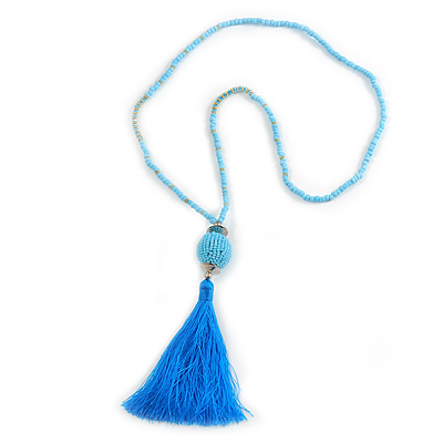 Trendy Light Blue Glass Bead Cotton Tassel Necklace - 72cm L/ 14cm Tassel - main view