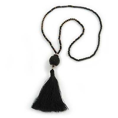 Black Glass Bead Cotton Tassel Necklace - 72cm L/ 14cm Tassel - main view