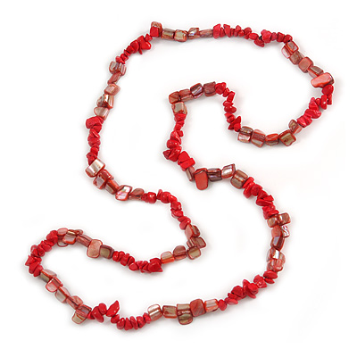 Stylish Brick Red Semiprecious Stone, Scarlet Red Sea Shell Nugget Necklace - 84cm Long