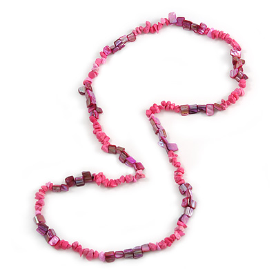 Stylish Baby Pink Semiprecious Stone, Fuchsia Sea Shell Nugget Necklace - 84cm Long - main view