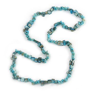 Stylish Turquoise Semiprecious Stone, Teal Sea Shell Nugget Necklace - 88cm Long