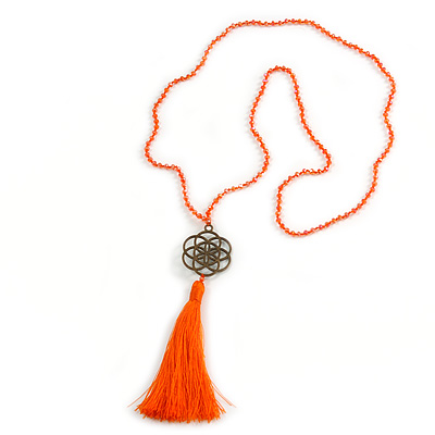 Orange Crystal Bead Necklace with Bronze Tone Seed Of Life Mandala/ Silk Tassel Pendant - 88cm L/ 10cm Tassel - main view