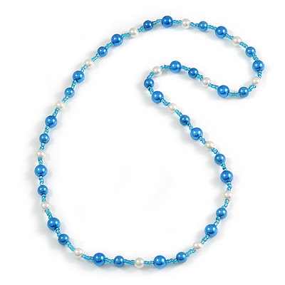 Blue/ White/ Transparent Glass Bead Long Necklace - 86cm Long - main view