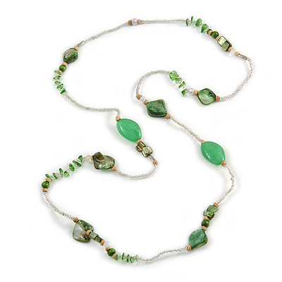 Long Green/ Transparent Shell, Acrylic, Wood Bead Necklace - 116cm L - main view