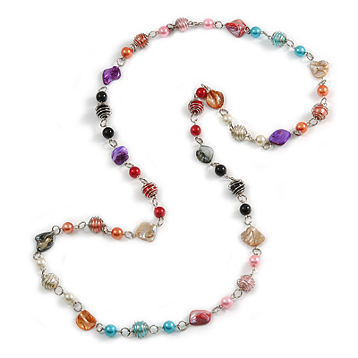 Long Multicoloured Glass and Shell Bead with Silver Tone Metal Wire Element Necklace - 120cm L - main view
