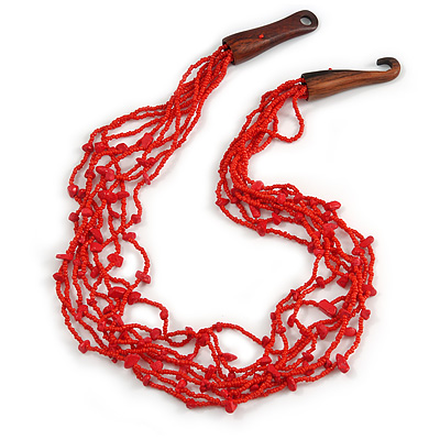 Ethnic Multistrand Red Glass Bead, Semiprecious Stone Necklace With Wood Hook Closure - 60cm L - main view