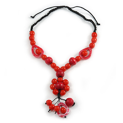 Statement Ceramic, Wood, Resin Tassel Black Cord Necklace (Red) - 54cm L/ 10cm Tassel - Adjustable - main view