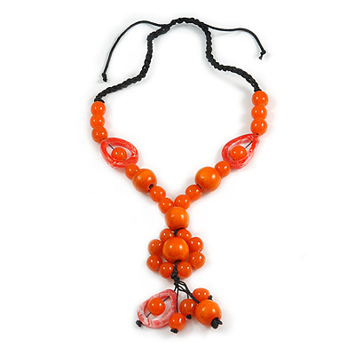 Statement Ceramic, Wood, Resin Tassel Black Cord Necklace (Orange) - 54cm L/ 10cm Tassel - Adjustable - main view