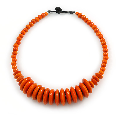 Orange Button, Round Wood Bead Wire Necklace - 46cm L - main view