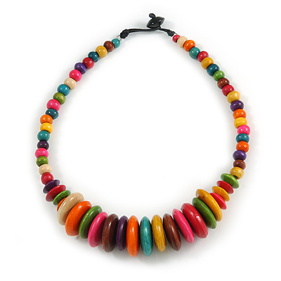 Multicoloured Button, Round Wood Bead Wire Necklace - 46cm L - main view
