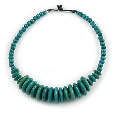 Teal Button, Round Wood Bead Wire Necklace - 46cm L - main view