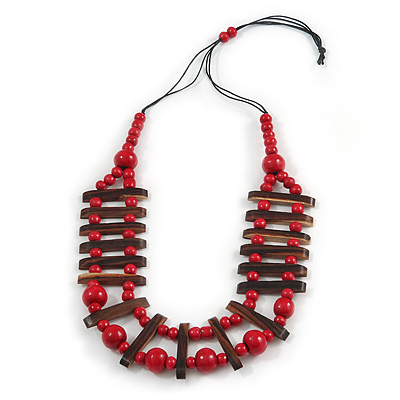 Cherry Red/ Brown Wood Bead Black Cotton Cord Necklace - 70cm L - main view