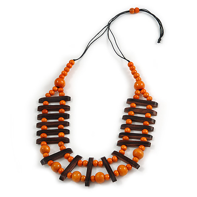 Orange/ Brown Wood Bead Black Cotton Cord Necklace - 70cm L - main view