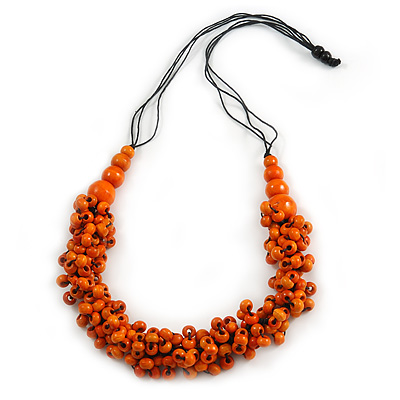 Orange Wood Bead Cluster Black Cotton Cord Necklace - 80cm L/ Adjustable - main view