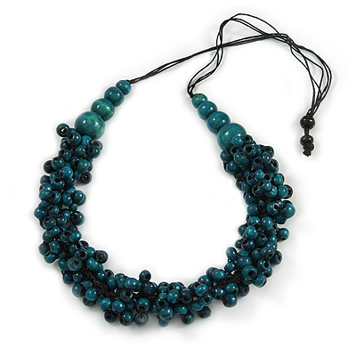 Teal Wood Bead Cluster Black Cotton Cord Necklace - 80cm L/ Adjustable - main view