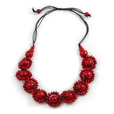 Cherry Red Wood Bead Floral Cotton Cord Necklace - Adjustable - main view