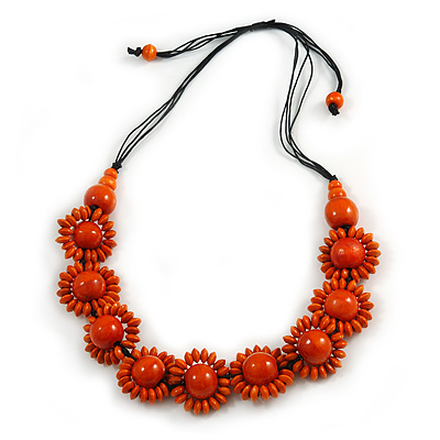 Orange Wood Bead Floral Cotton Cord Necklace - Adjustable - main view