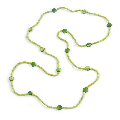 Delicate Lime Green Glass and Shell Bead Long Necklace - 110cm Long - main view