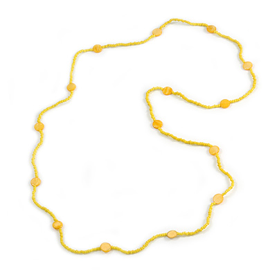 Delicate Yellow Glass and Shell Bead Long Necklace - 110cm Long