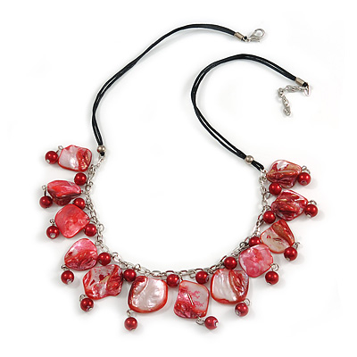 Red Glass Bead, Sea Shell Nugget Black Cord Necklace - 50cm L/ 4cm Ext - main view
