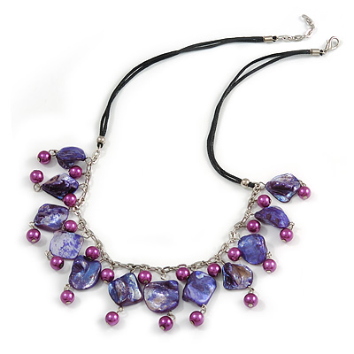 Purple/ Violet Glass Bead, Sea Shell Nugget Black Cord Necklace - 50cm L/ 4cm Ext