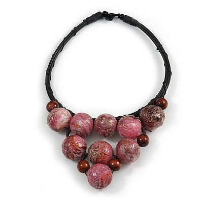Statement Dusty Pink Resin Ball, Black Rubber Cord Bib Necklace - 52cm L - main view