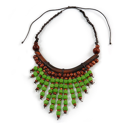 Statement Wood Cord Fringe Necklace In Lime Green and Brown - Adjustable - main view