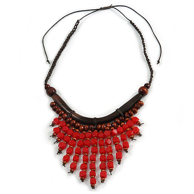 Statement Wood Cord Fringe Necklace  In Red and Brown - Adjustable