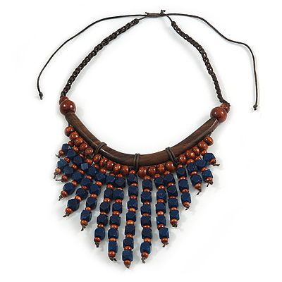 Statement Wood Cord Fringe Necklace In Dark Blue and Brown - Adjustable - main view