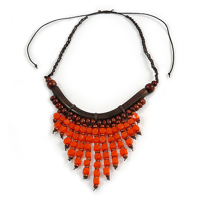 Statement Wood Cord Fringe Necklace  n Orange and Brown - Adjustable - main view
