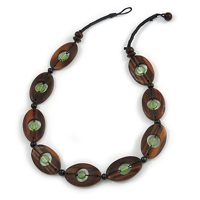 Statement Wood Oval Link with Green Ceramic Bead Black Cord Necklace - 60cm L - main view