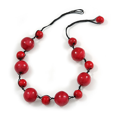 Red Wood Bead Black Cotton Cord Necklace - 52cm Long - main view