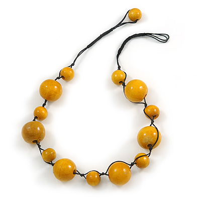 Yellow Wood Bead Black Cotton Cord Necklace - 52cm Long - main view